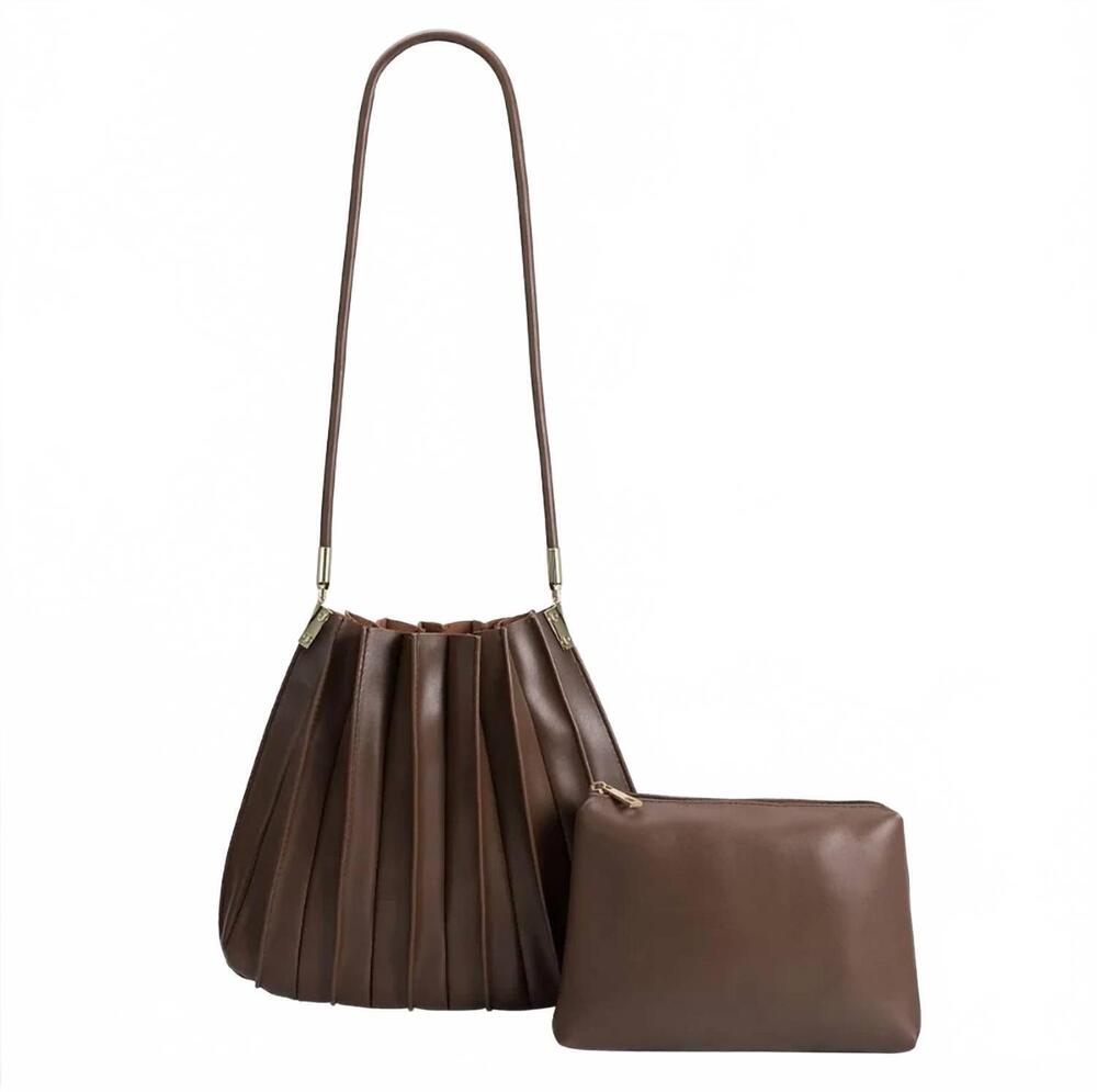 NEW MELIE BIANCO women's carrie pleated vegan leather shoulder bag in chocolate